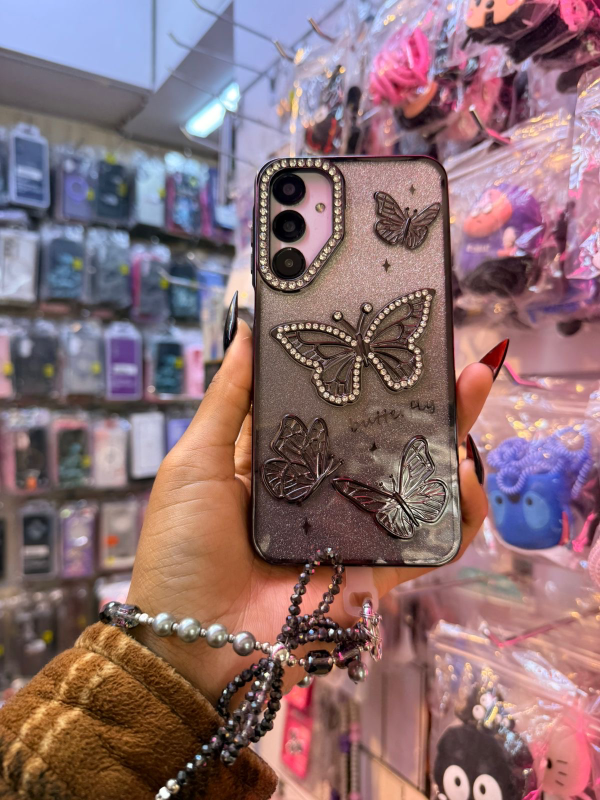 Butterfly Glitter Case with Crystal Camera Frame & Wrist Charm ✨🦋