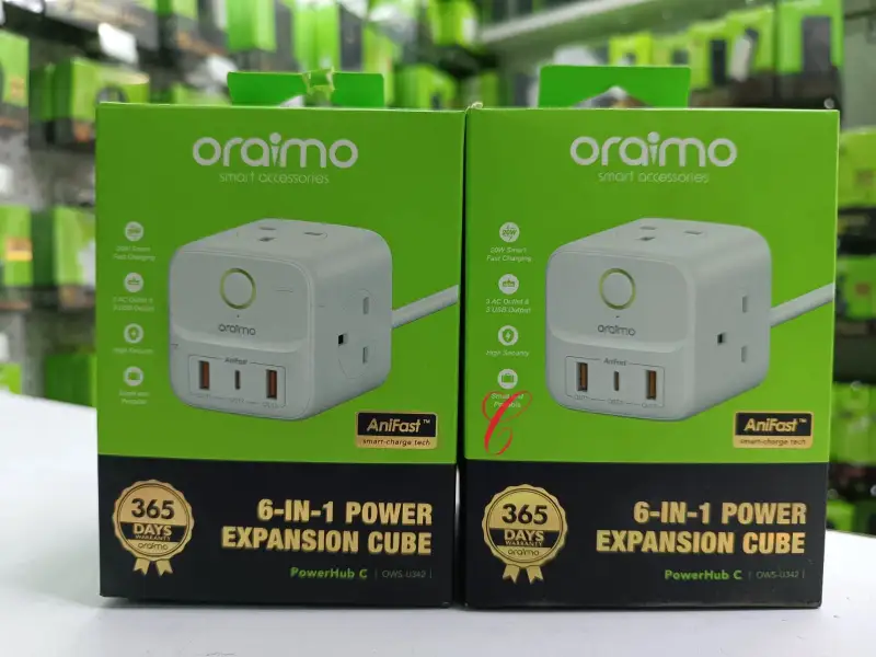 💠 RESTOCKED 🔥  Oraimo PowerHub C OWS-U342 6 in 1 power expansion cube *20W smart fast charging* 3 AC outlet & 3 USB output